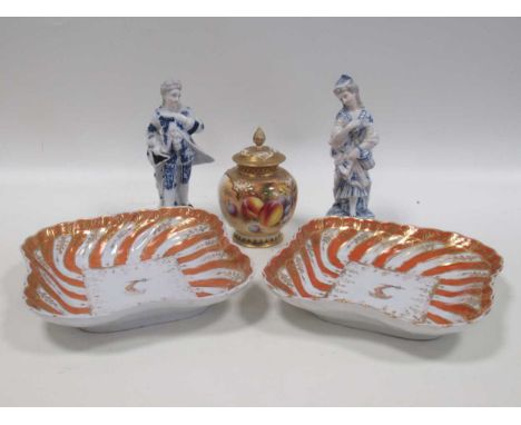 A pair of 19th century square armorial dishes with undulating rims with orange and gilt decoration, the central motif with a 