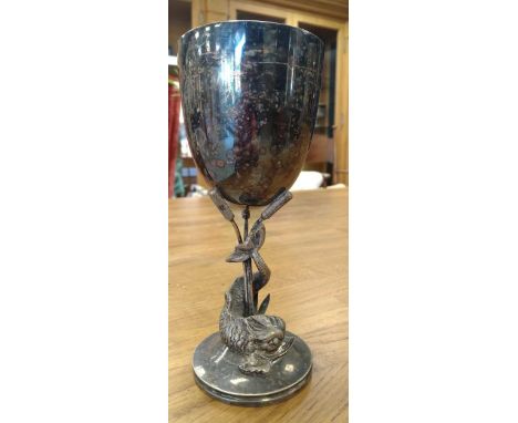 Silver and silver plated items to include Mappin and Webb silver plated cup with triform bullrush and dolphin support, presen