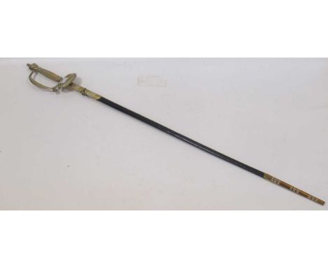 An Edward VIII Court sword with etched blade and leather scabbard, 97cm total lengthSee images