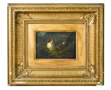19th Century English School Spaniels Huntingunsignedoil on board12cm x 17cmThe far right section of the composition has signs