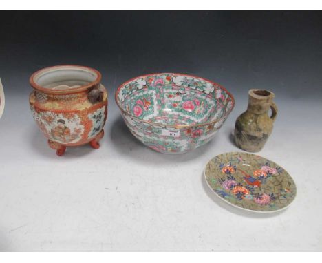 A 20th century Japanese Kutani ware censor decorated with figures and birds, 19.5cm high; a Chinese famille rose style punch 