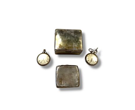 Two silver open faced pocket watches, a silver cigarette case, 73.5g and a silver table cigarette box (4)