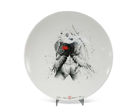 § Christiaan Diedericks (1965-), Peccatum, 2019, a pottery charger painted with a design of a winged male nude, painted signa