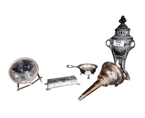 Various silverplated items to include; a wine funnel, a neoclassical incense burner and others