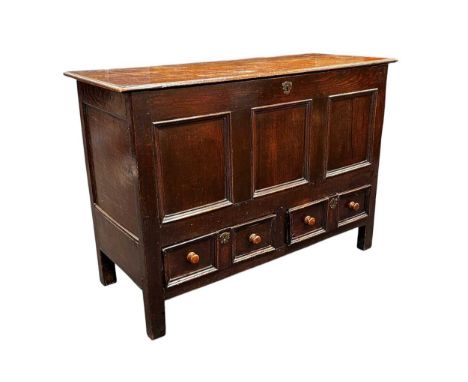 An 18th century oak mule chest,92 x 130 x 52cm  In good general condition. Feet and frame are strudy. Some slight movement of