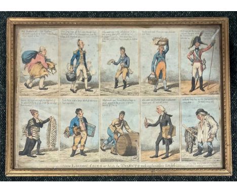 An early 19th century satirical print, 'New London Cries or All the Talents making themselves Useful', hand-coloured etching,