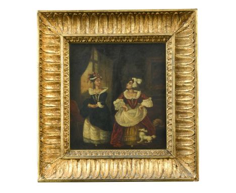 Naive School (18th-19th century) Two ladies in an interior with a cat and dogoil on panel21 x 19.5cm