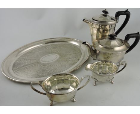 A quantity of platedware including a four piece tea service, large oval tray and undry flatware items, (qty).