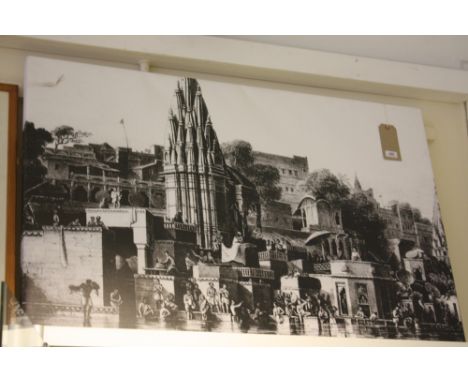 A large black and white reproduction on canvas, depicting the Imperial gate, Bombay, together with an oil and assorted prints