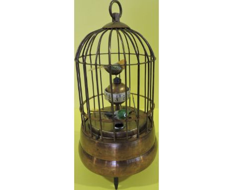 A brass birdcage singing bird timepiece automaton, H: 18cm