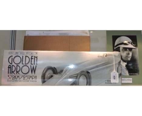 Tinplate model of Henry Segrave's 1929 Irving Napier Special Golden Arrow by Schylling, plus modern photographic portrait and