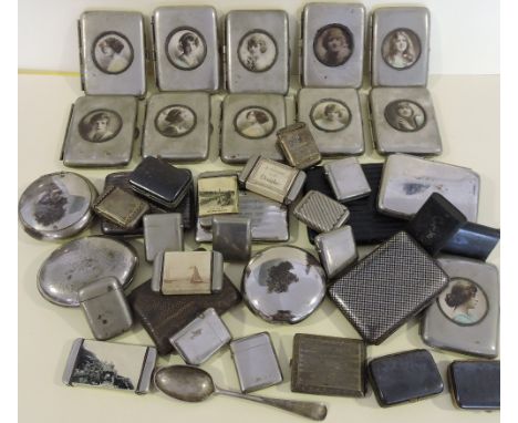 Ten early 20th century rectangular steel cigarette cases, the covers inset with circular female portrait, together with a col