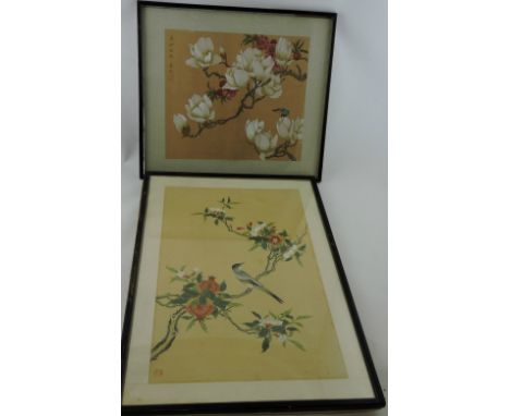 A 20th century Chinese framed silk print, of magnolia flowers and butterflies, 31cm x 33cm; together with two further. (3)