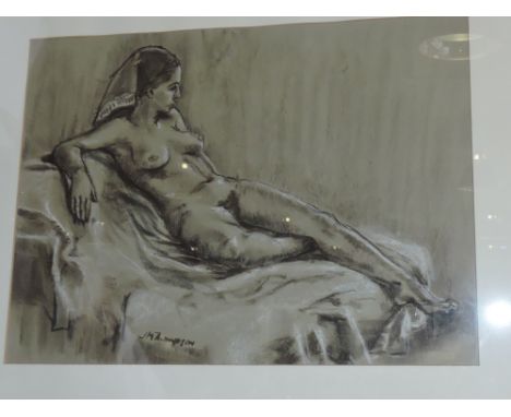 After John M Thompson (British 1924-2011) reclining nude with headscarf, charcoal on paper signed lower left, 53cm x 39cm