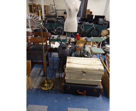 A Metal Wine Rack, Brass Standard Lamp, Metal Travelling Trunk and A Vintage Suitcase