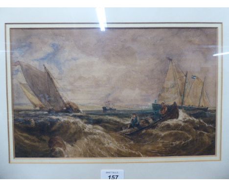 A Framed Watercolour, Stormy Seascape with Fishing Boat and Figures in Foreground, 33 x 21 cm