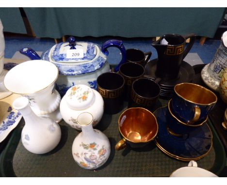 A Tray Containing Wedgwood Vases and Ornaments, Portmeirion Greek Key Coffee Wares, Blue and White Teapot Etc.