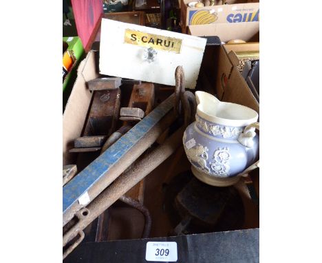 A Box of Various Tools to Include Slate Hook, Moulding Planes, Block Planes, Horse Hames Etc