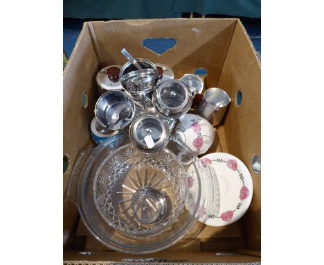 A Box Containing Ceramic Teapot, Glassware and Stainless Steel Wares