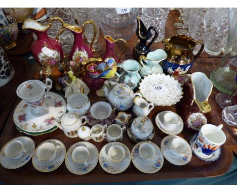 A Collection of Miniature Tea Cups and Saucers Tea Wares Etc, Continental Decorated Jugs, Bird and Animal Ornaments 