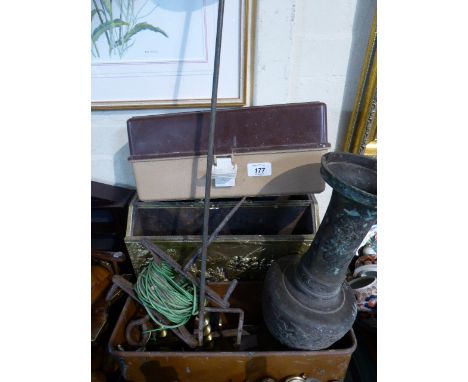 A Tray of Metal Ware to Include Brass Magazine Rack, Plant Trough, Candlesticks, Fishing Items