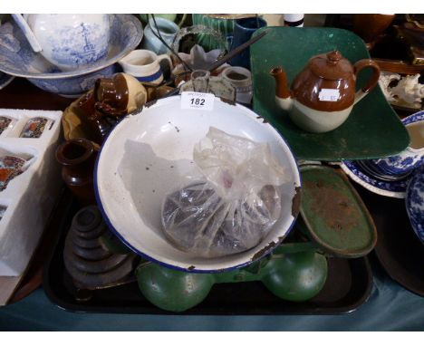 A Tray Containing Two Kitchen Scales with Weights, Jelly Mould, Meat Cleaver, Jugs Etc. 