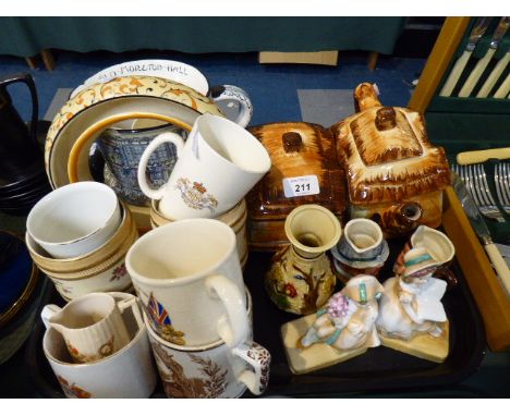 A Tray Containing Cottage Ware Teapot and Butter Dish, Ornaments, Commemorative Mugs Etc