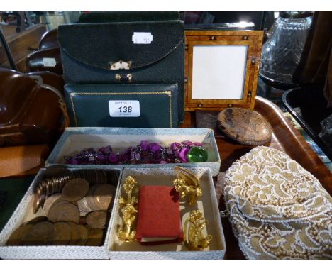 A Tray of Sundries to Include Coins, Costume Jewellery, Ladies Purses, Vintage Zeiss Ikon Colora Camera in Leather Case Etc. 