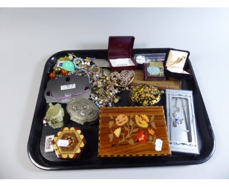 A Tray Containing Various Jewellery Boxes, Costume Jewellery, Souvenir Spoons, Cribbage Board Etc. 