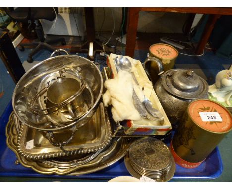 A Tray of Silver Plate to Include Trays, Coasters, Cutlery, Teapot Etc