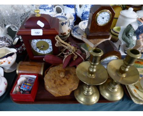 A Tray Containing Three Mantle Clocks, Pair of Brass Candlesticks, Money Box Casket, Treen Ware, Tin Plate Robot Etc. 