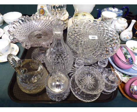 A Tray of Cut and Moulded Glass Ware to Include Cake Stand, Bowls, Decanter, Candle Sticks