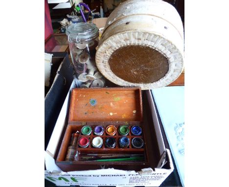 A Box Containing Enamel Paints, Jar of Cotton Reels, Hat Box 