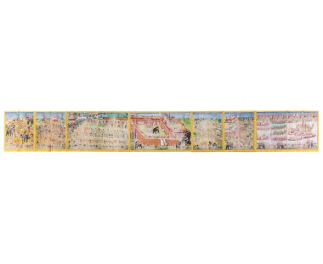 the folding manuscript vividly painted illustrating social customs and scenes from the royal court, including elephant traini