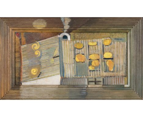 signed oil on board 33 by 56,5cm (including frame) In this mixed media work the artist evokes a humble corrugated iron shelte