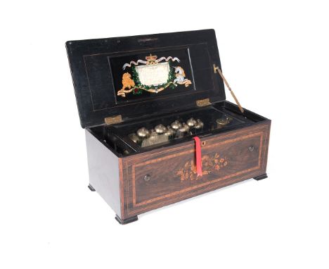  the hinged moulded rectangular top, centred by a floral marquetry patera, enclosing the music box playing ten tunes on nine 