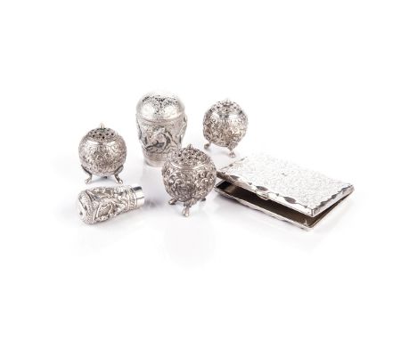  the rectangular body with engine-turned decoration centred by a cartouche with a monogram, 9,5cm high; Two Indian Silver Wal