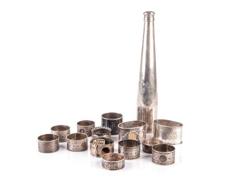  comprising: a pair inscribed Boer War, a commemorative and art nouveau style napkin ring, various shapes and sizes, 231g in 