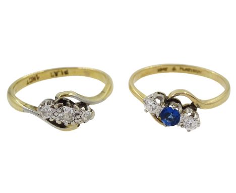 Early 20th century three stone sapphire and diamond ring and a three stone diamond ring, both stamped 18ct Plat