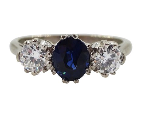 White gold three stone oval sapphire and round brilliant cut diamond ring, stamped 18ct, sapphire approx 0.60 carat, total di