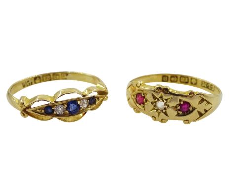 Early 20th century 18ct gold sapphire and diamond five stone ring, Birmingham 1911 and a 18ct gold red stone and diamond gyps