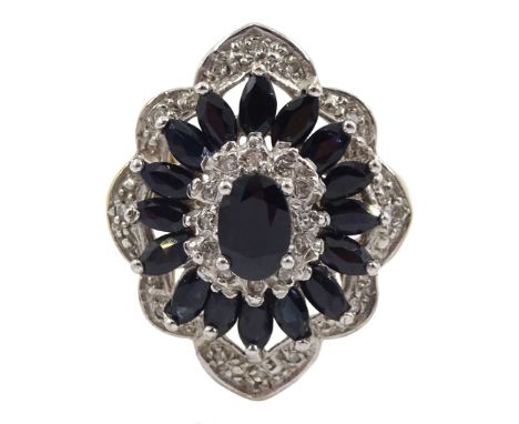 9ct gold sapphire and diamond chip cluster ring, hallmarked