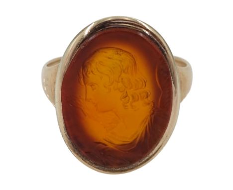 Victorian rose gold carnelian intaglio ring, depicting an angel