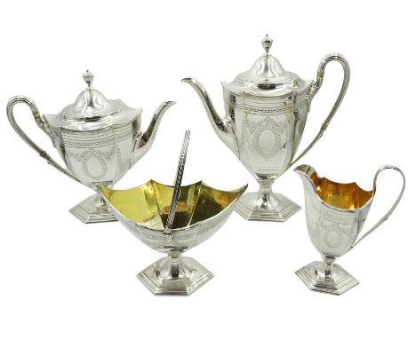 Victorian four piece bachelors tea and coffee service, bright cut Neo Classical design with foliate swags and vacant cartouch