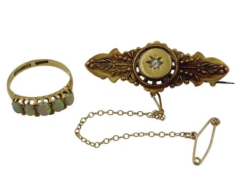 Early 20th century 18ct gold five stone opal ring, Birmingham 1919 and a Victorian gold brooch set with a single diamond, sta