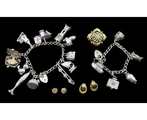 Two silver charm bracelets, charms including picnic basket, squirrel in acorn, honey bee and comb, shoe house, pair of 9ct go