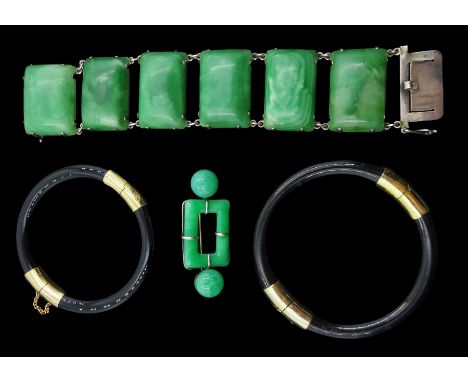 Silver green stone set link bracelet, stamped 925, Art Deco style green stone set brooch and two gilt onyx hinged bangles