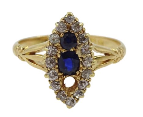 Victorian 18ct gold sapphire and diamond marquise shaped ring, Birmingham 1899