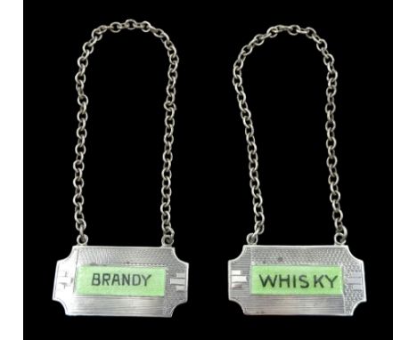 Pair of Art Deco silver and green and black enamel, engine turned 'Whiskey' and 'Brandy' decanter labels by Turner &amp; Simp