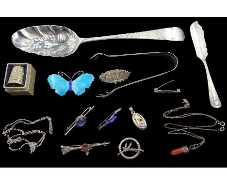 Collection of silver brooches including butterfly enamel brooch by J Aitkin &amp; Son, Birmingham 1918, George III silver spo